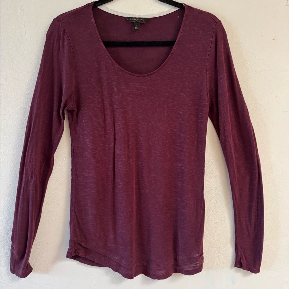 Banana Republic plum colored small semi-sheer long sleeve rounded neck blouse